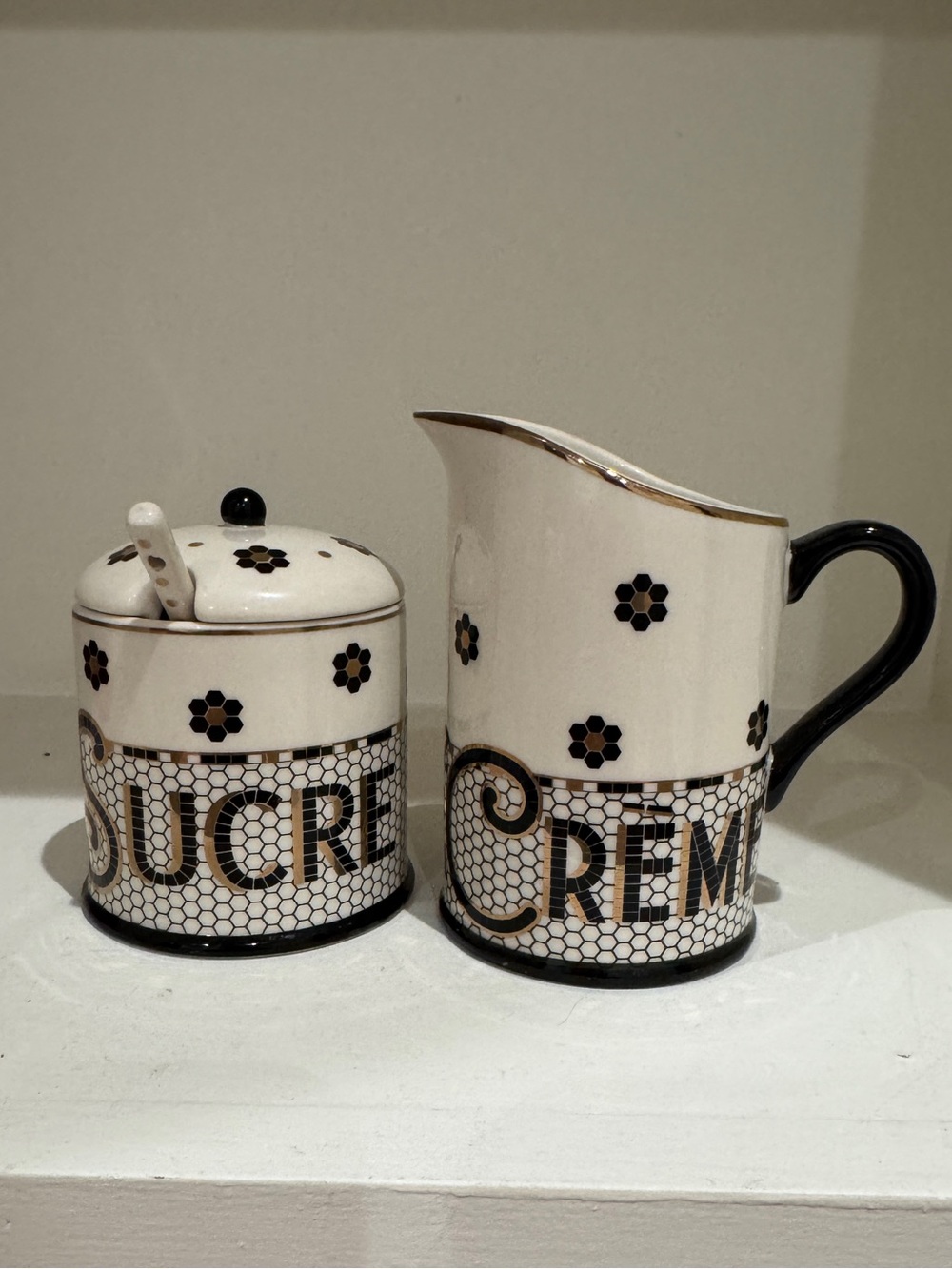 Anthropologie Bistro Tile Cream and Black Floral Honeycomb Creamer & Sugar Set